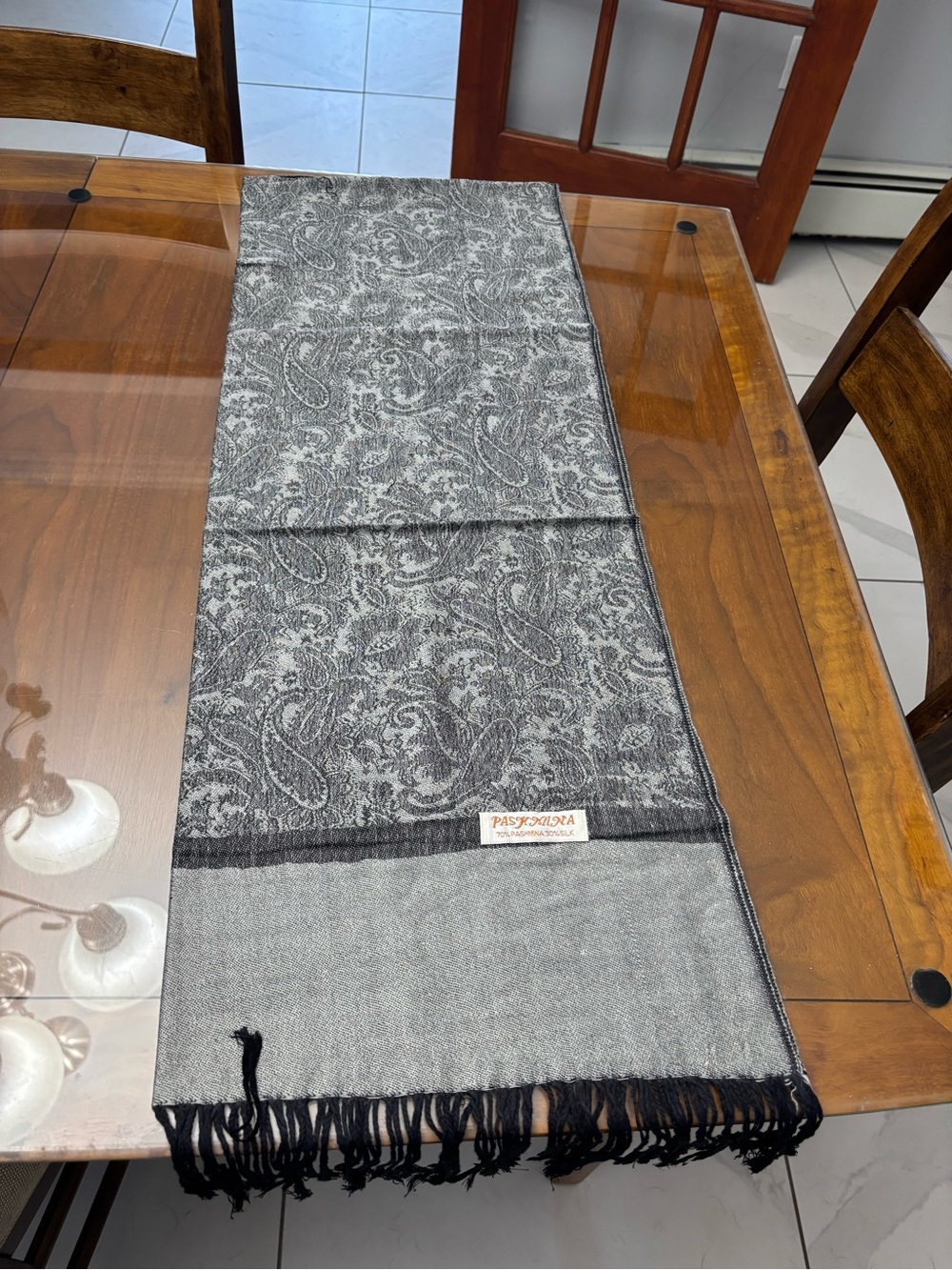 NWOT - Pashmina/silk wrap/Scarf in Silver and Black with paisley design